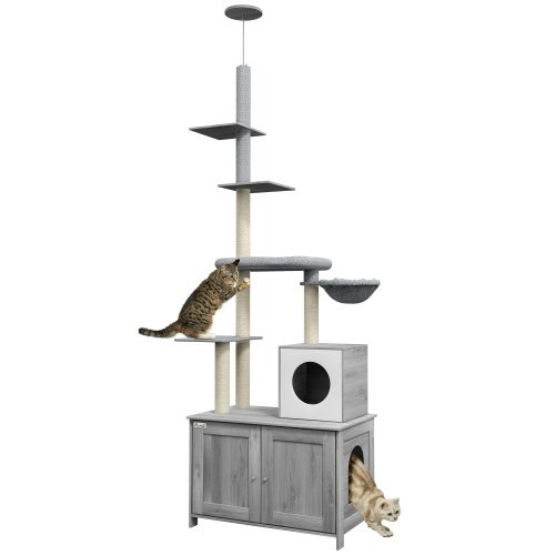 PawHut Cat Tree With Litter Box Enclosure, 2 In 1 Floor To Ceiling Cat Tower Litter Box Furniture With Condo, Bed, Hammock, Scratching Posts, And Platforms For Indoor Use, Gray - Image 3