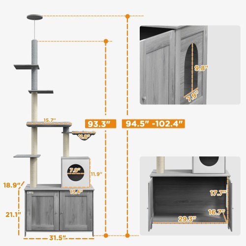 PawHut Cat Tree With Litter Box Enclosure, 2 In 1 Floor To Ceiling Cat Tower Litter Box Furniture With Condo, Bed, Hammock, Scratching Posts, And Platforms For Indoor Use, Gray - Image 5