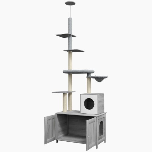 PawHut Cat Tree With Litter Box Enclosure, 2 In 1 Floor To Ceiling Cat Tower Litter Box Furniture With Condo, Bed, Hammock, Scratching Posts, And Platforms For Indoor Use, Gray - Image 6