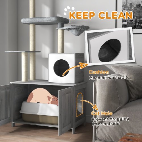 PawHut Cat Tree With Litter Box Enclosure, 2 In 1 Floor To Ceiling Cat Tower Litter Box Furniture With Condo, Bed, Hammock, Scratching Posts, And Platforms For Indoor Use, Gray - Image 8