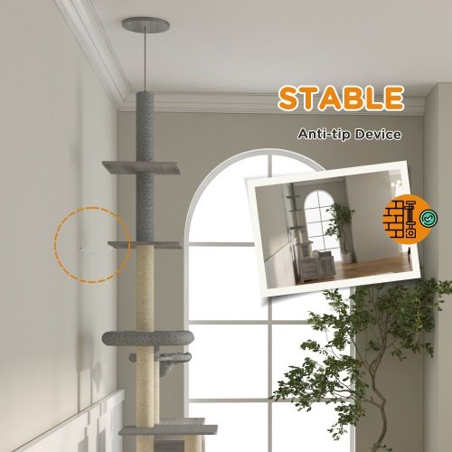 PawHut Cat Tree With Litter Box Enclosure, 2 In 1 Floor To Ceiling Cat Tower Litter Box Furniture With Condo, Bed, Hammock, Scratching Posts, And Platforms For Indoor Use, Gray - Image 7