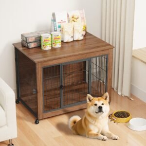 38.6 Dog Crate Furniture With Wheels For Small Dogs, Heavy Duty Dog Kennel Indoor With 2 Doors, Wooden Pet Cage End Table, Double-Doors Sturdy Metal Dog Cage For Anxiety Dog